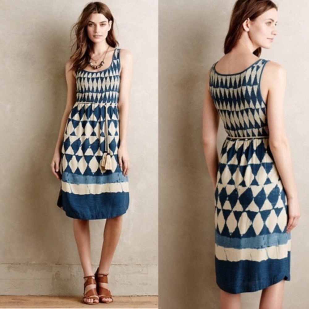 Anthropologie Blue and Cream Patterned Dress